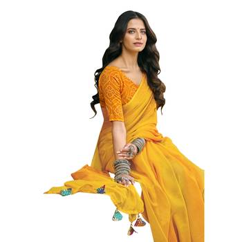 Yellow printed pure chiffon saree with blouse 2