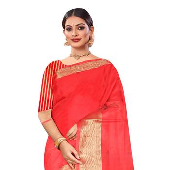 Red plain organza saree with blouse 2