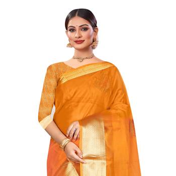 Mustard plain organza saree with blouse 2