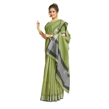 Green woven cotton silk saree with blouse 1
