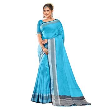 Sky blue plain cotton silk saree with blouse 1