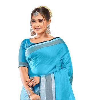 Sky blue plain cotton silk saree with blouse 2