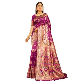 Magenta woven silk blend saree with blouse 1