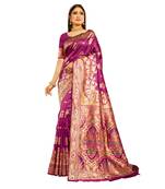 Magenta woven silk blend saree with blouse