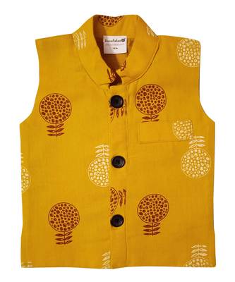 Snowflakes Cotton Waist Coat With Flower Print - Mustard 1