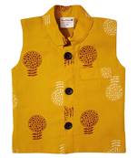 Snowflakes Cotton Waist Coat With Flower Print - Mustard