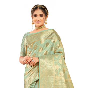 Light green woven art silk saree with blouse 2