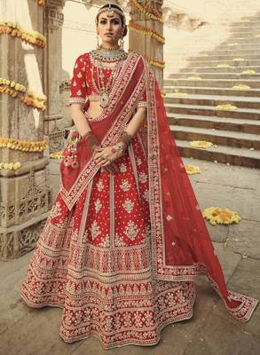 Red embroidered silk semi stitched lehenga 1