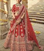 Red embroidered silk semi stitched lehenga