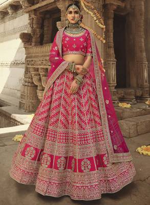 Pink embroidered silk semi stitched lehenga 1