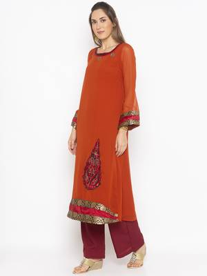 Orange embroidered georgette kurta &-sets 3