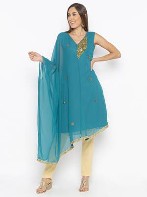 Green embroidered georgette kurta &-sets 2