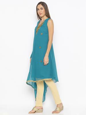 Green embroidered georgette kurta &-sets 3