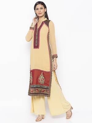 Beige embroidered georgette kurta &-sets 3