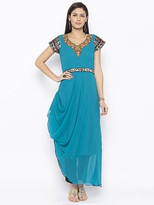 Blue embroidered georgette kurta &-sets 2