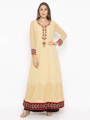 Beige embroidered georgette kurta &-sets 2