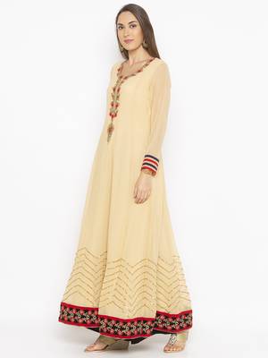 Beige embroidered georgette kurta &-sets 3