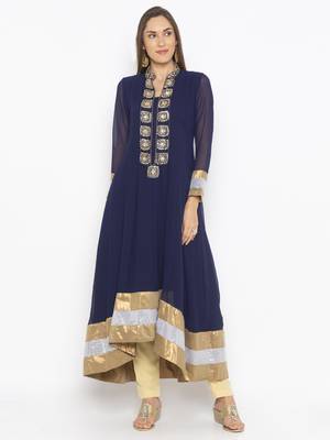 Navy-blue embroidered georgette kurta &-sets 2