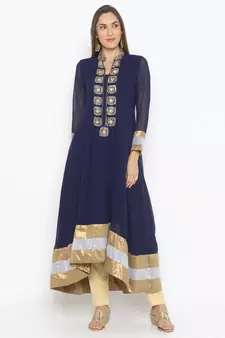 Navy-blue embroidered georgette kurta &-sets