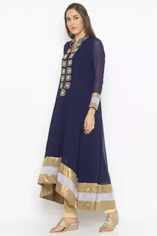 Navy-blue embroidered georgette kurta &-sets