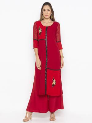 Red embroidered georgette kurta &-sets 1