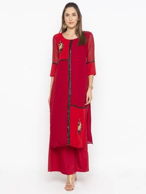 Red embroidered georgette kurta &-sets 2