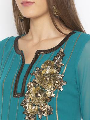 Green embroidered georgette kurta &-sets 5