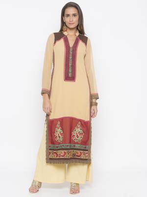 Beige embroidered georgette kurta &-sets 1