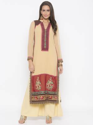 Beige embroidered georgette kurta &-sets 2