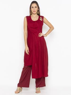Maroon embroidered cotton kurta &-sets 2