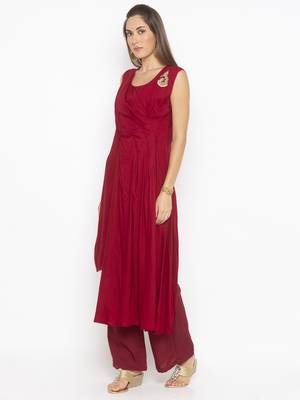 Maroon embroidered cotton kurta &-sets 3