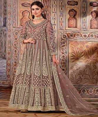 Light Beige Net Anarkali Salwar Kameez 1