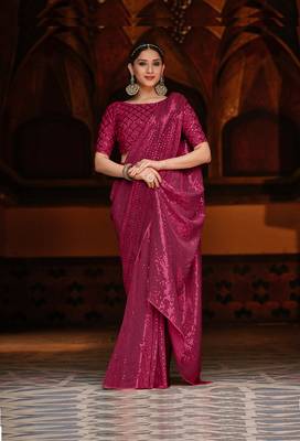 Rani Pink Color Party Wear Georgette sequin Saree With Un Stitched Blouse 1