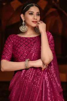 Rani Pink Color Party Wear Georgette sequin Saree With Un Stitched Blouse