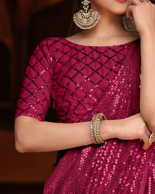 Rani Pink Color Party Wear Georgette sequin Saree With Un Stitched Blouse 3