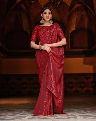 Red Color Designer Party Wear Georgette sequin Saree With Un Stitched Blouse 1