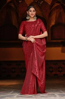 Red Color Designer Party Wear Georgette Sequence Saree With Un Stitched Blouse