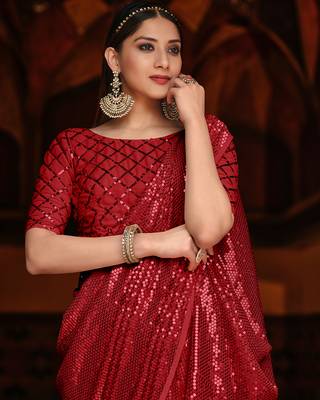 Red Color Designer Party Wear Georgette sequin Saree With Un Stitched Blouse 2