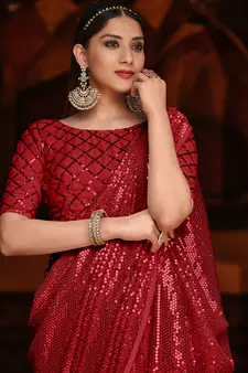 Red Color Designer Party Wear Georgette sequin Saree With Un Stitched Blouse
