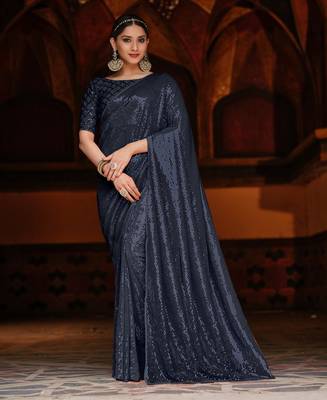 Blue Color Designer Party Wear Georgette sequin Saree With Un Stitched Blouse 1