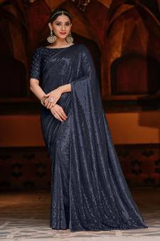 Blue Color Designer Party Wear Georgette Sequence Saree With Un Stitched Blouse