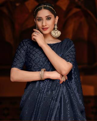 Blue Color Designer Party Wear Georgette sequin Saree With Un Stitched Blouse 2