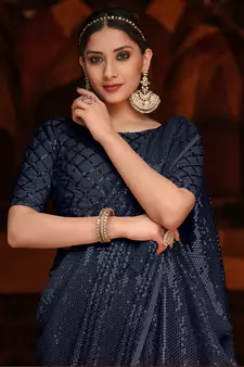 Blue Color Designer Party Wear Georgette sequin Saree With Un Stitched Blouse