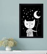 Cat And Moon Kids Textured Paper Framed Art Print  For Kids Room