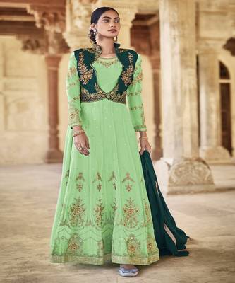 Green Embroidered With Stone Georgette Semi-Stitched Women's Salwar Suit 1