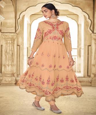 Peach Embroidered With Stone Georgette Semi-Stitched Women's Salwar Suit 1