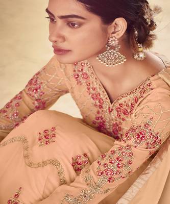 Peach Embroidered With Stone Georgette Semi-Stitched Women's Salwar Suit 3