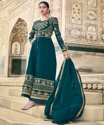 Teal Green Embroidered With Stone Georgette Semi-Stitched Women's Salwar Suit 1