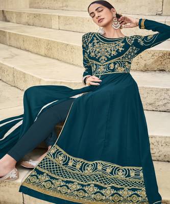 Teal Green Embroidered With Stone Georgette Semi-Stitched Women's Salwar Suit 3