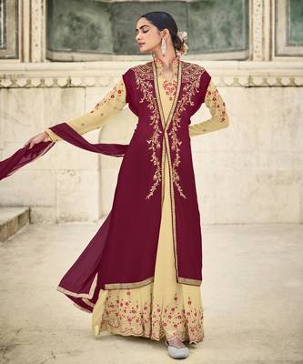 Cream Embroidered With Stone Georgette Semi-Stitched Women's Salwar Suit 1